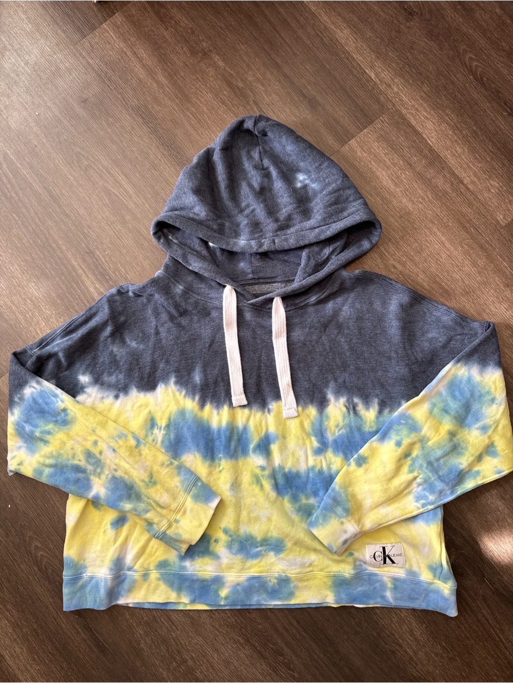 Calvin Klein Jeans Blue Yellow Tie-Dye Cropped Hoodie